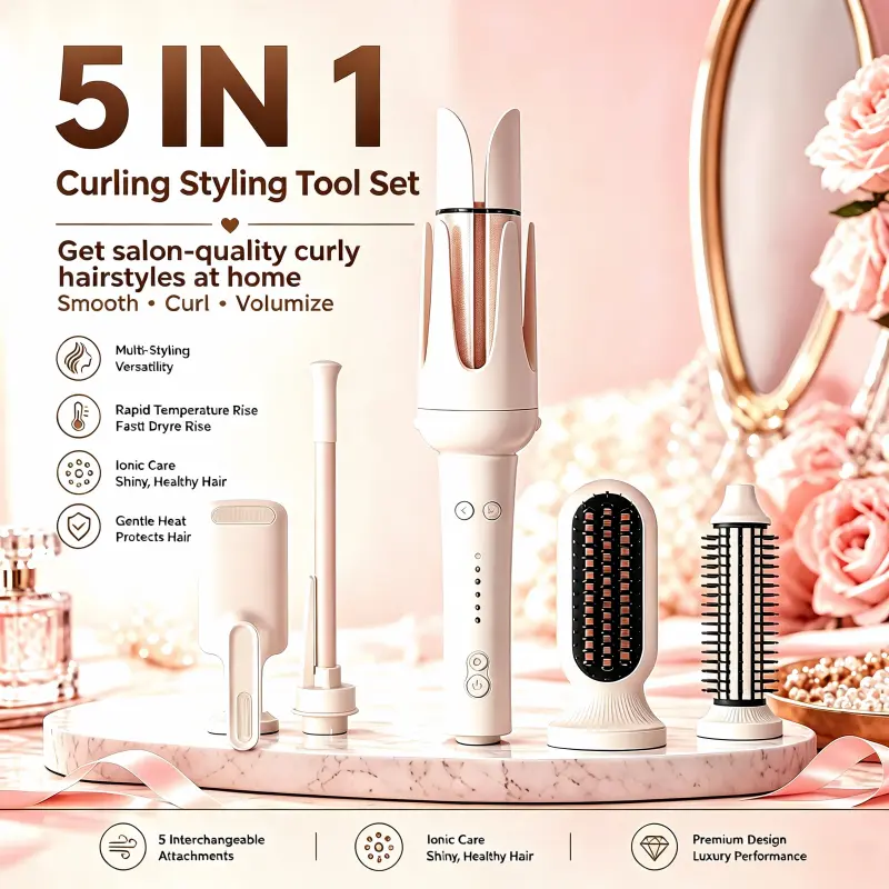5In 1 Hair Curling Iron Set with 5 Interchangeable Heads, Crimped Waves, Hair Straightening Brush, Root Volumizing Crimper, 25Mm And 32Mm Curling Wand, Multi-Styler Hair Tool