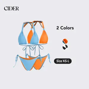 Cider Colorblock Reversible Halter Neck Ruched Tie Side Triangle Bikini Set