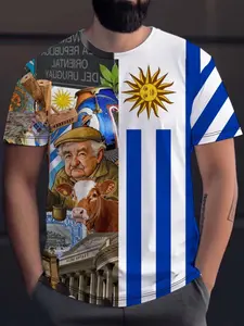Uruguay Men's Patriotic 3D Graphic T-Shirt, Vibrant Sun and Stripes Design, Short Sleeve, Round Neck, Casual Summer Tee, Argentina Football Jersey
