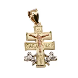 14k Solid Gold Caravaca Double Cross With Angels Jesus Crucifix Charm Pendant