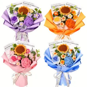 Crochet Bouquet, Crochet Artificial Flowers, Crochet Rose Sunflower Bouquet for Mother's Day, Valentine's Day, Anniversary, Wedding, Birthday Gifts for Mother, Lover, Friends