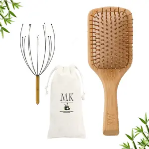 Bamboo Hair Brush & Scalp Massager Set – Organic Natural Bristles, Gentle Detangler for Hair Growth, Anti-Frizz Hairbrush with Storage Bag – Gift for Women & Men