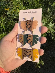 Wooden Monstera Dangle Earrings for Women