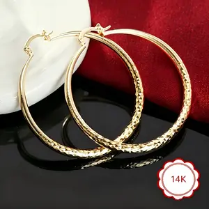 14K Gold Hoop Earrings Shiny Diamond-Cut Textured Hinged Hoops Hypoallergenic Lightweight Statement Earrings for Everyday Wear & Gifting