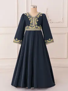7-12Y Dark Blue 82 Kids Clothes Flower Muslim Girls Princess Embroidery Long Ball Gown Frock Children Formal Evening Party Banquet Pageant Prom Host Cocktail Dress