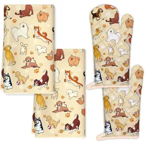 Cute Dogs Kitchen Towels and Oven Mitts Set 4Pcs Soft Absorbent Dish Cloth Heat Resistant Oven Gloves for Cooking Baking Kitchen Decoration Gifts for Her