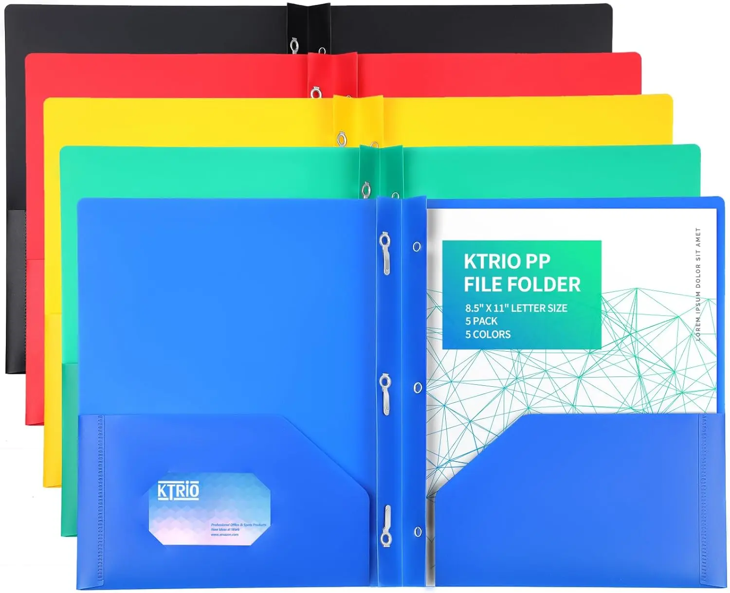KTRIO Assorted Colored Heavy-Duty Plastic Pocket Folders with Prongs, Card Holder Slot, File Fasteners, Letter Size for School, Office, Assorted Colored Folders, Card Holder Folders