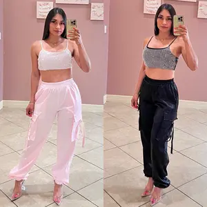 My Life Rhinestone Satin Cargo Pant Set