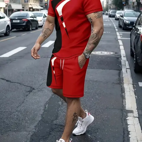 Men's 3D geometric print casual fashion style set, a two-piece set including a summer sporty crew neck short-sleeved top and drawstring shorts, suitable for outdoor and street wear.