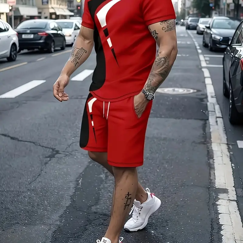 Men's 3D geometric print casual fashion style set, a two-piece set including a summer sporty crew neck short-sleeved top and drawstring shorts, suitable for outdoor and street wear.