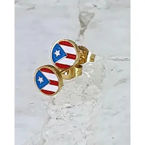 Puerto Rico Studs - Gold Finish with Red, White & Blue Design, Featuring Puerto Rican Flag Pattern