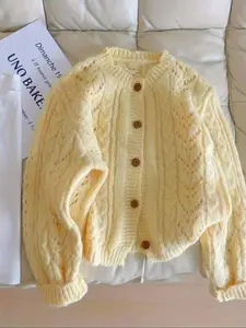 Women's Casual Fitted Yellow Cardigan, Winter Spring Cable Knit Sweater, Vintage Round Neck Button Down Hollow Out Top