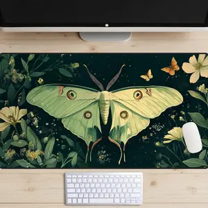 Luna Moth Desk Mat, Wildflowers Desk Pad, Cottagecore Moth Desk Topper, Green Nature Mousepad, Aesthetic Keyboard Mat, Trendy Workspace