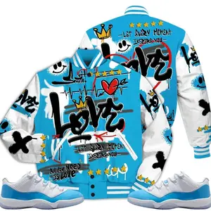 11 Low University Blue Varsity Jacket, Low University Blue 11s Outfits, Happy Love Beats Graffiti Outfits Streetwear Sneaker Matching Shirt