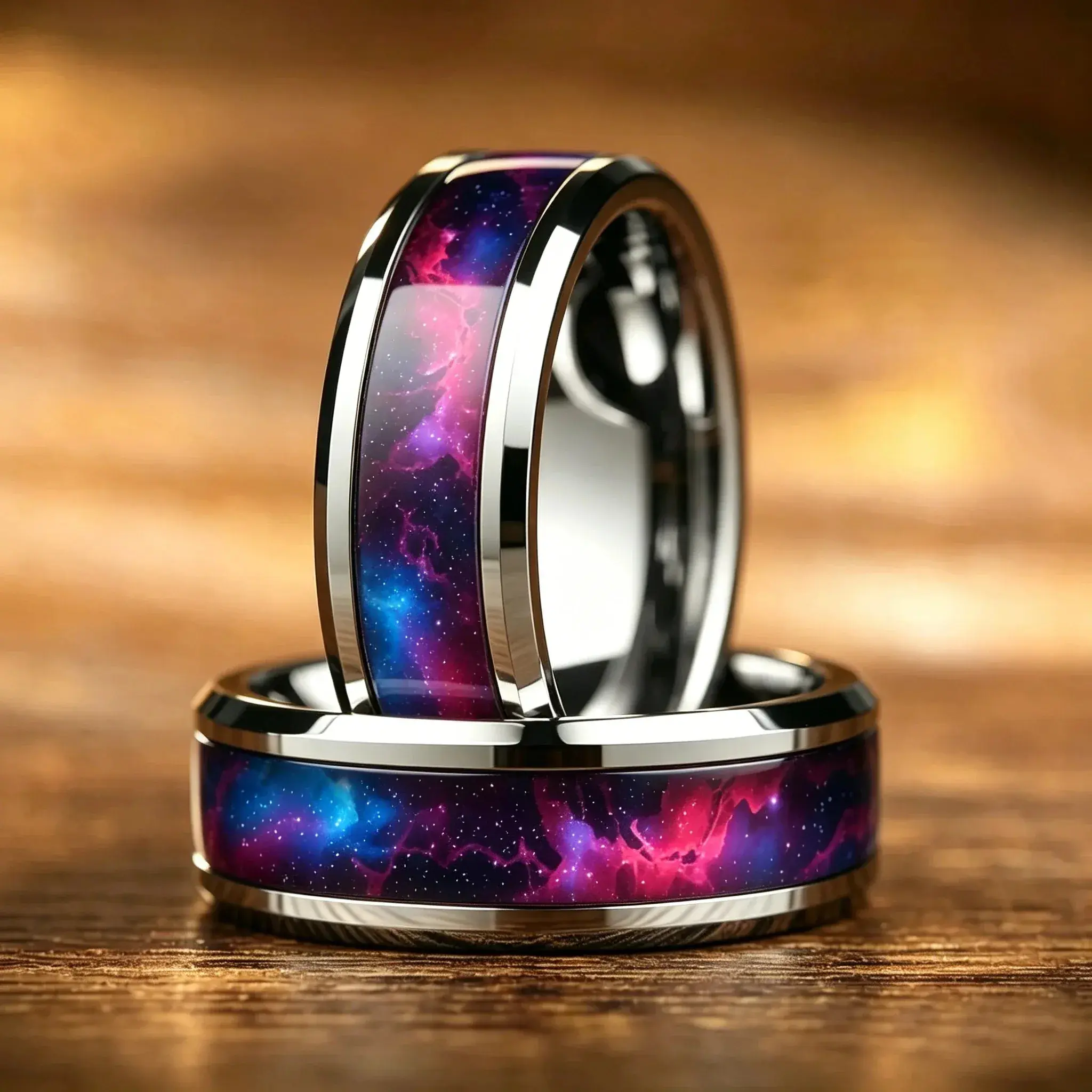 Wedding Band Jewelry Unique Mysterious Colorful Gradient Nebula Pattern Rings , 8mm Cosmic Starry Sky Stainless Steel Men Ring