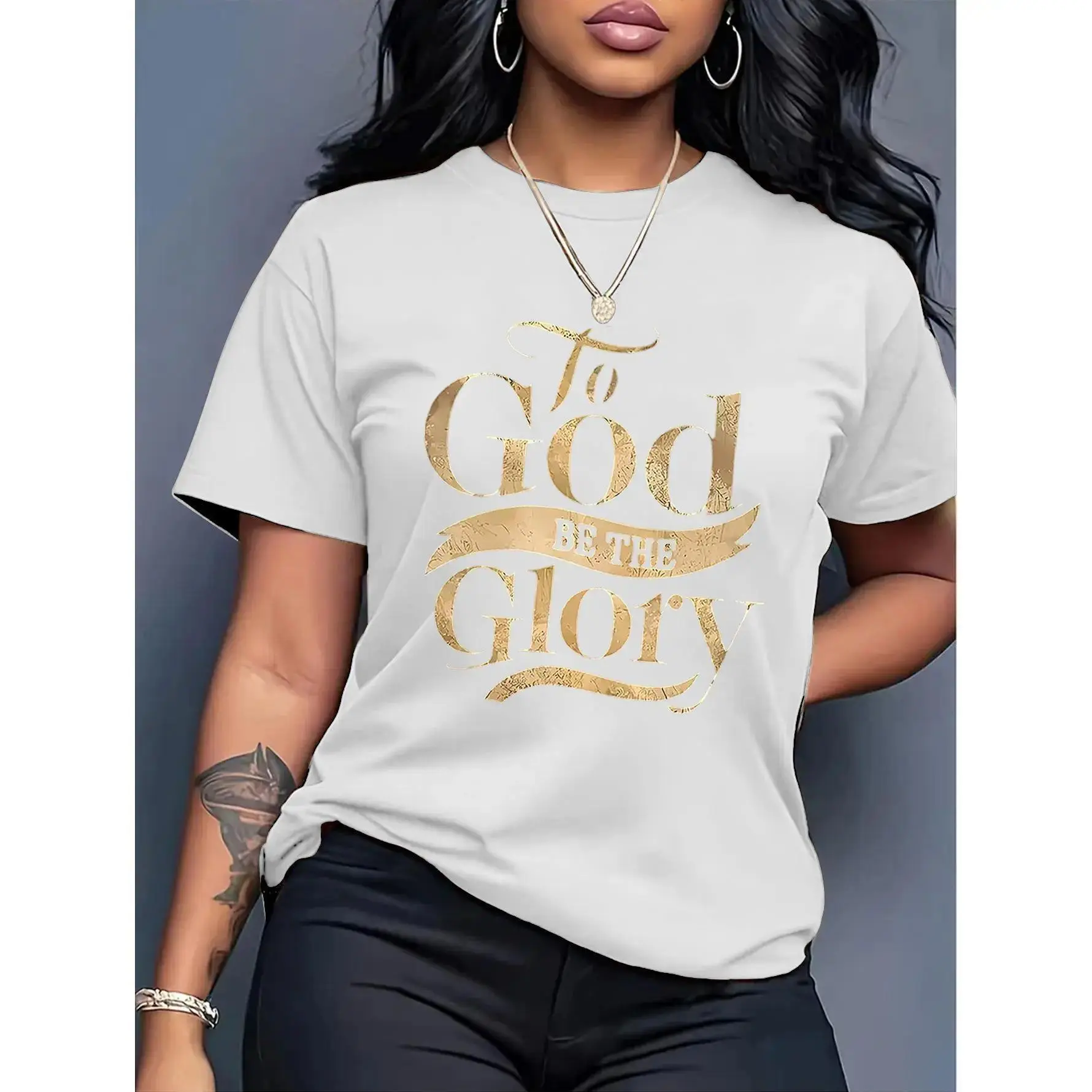 Women's 100% Cotton Fitted Short Sleeve "To God Be The Glory" Gold Foil Graphic Tee, Casual Religious Clothes with Inspirational Bible Verse, for Church & Daily Devotions