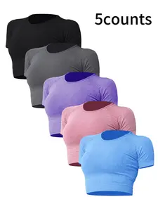 Women's Solid Round Neck Sports Tee, Quick Drying Breathable Crew Neck T-Shirt for Gym Workout Running, Ladies Sportswear for Spring & Fall, Gym Tops