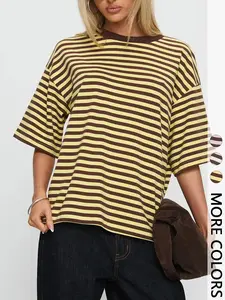 Women's  Stripe Round Neck Oversized T-Shirt - Drop Shoulder Relaxed Fit Tee for Office & Casual Outings | Trendy Y2K Aesthetic, Striped, Streetwear, Viral TikTok Top-School, Brunch & Everyday Wear | Comfortable Cotton T-Shirt