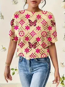 Women's Geometric Butterfly Print Round Neck Sweater, Casual Batwing Sleeve Knit Top, Comfortable Warm Fall Winter Clothing