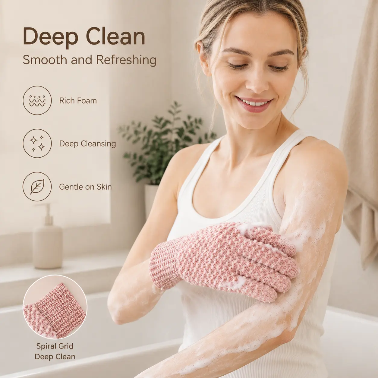 1 Count, Exfoliating Shower Bath Gloves, Five Finger Fit Body Scrubber, Rich Foam for Deep Cleansing, with Hanging Loop for Easy Draining for Daily Body Skincare