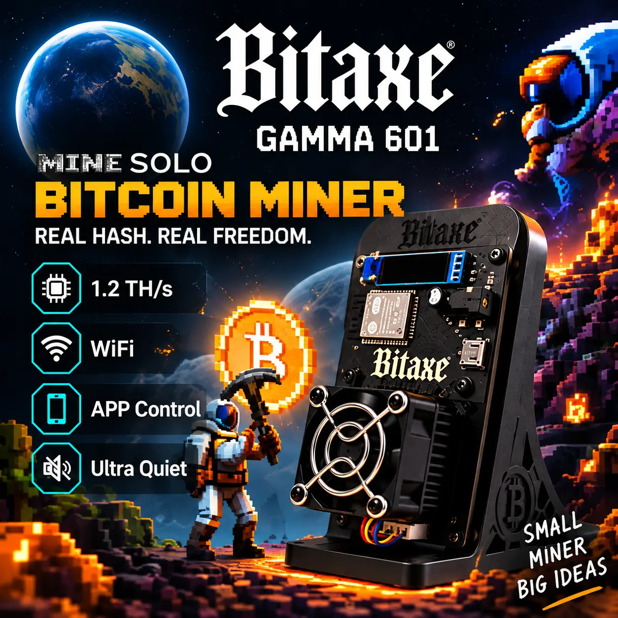 Bitaxe Gamma 601 Black Edition Mini Solo Bitcoin Miner, 1.2 TH/s BM1370 ASIC Bitcoin Mining Machine, Bitaxe Miner with 2.4GHz WiFi, App Monitoring, Small Compact Desktop Bitcoin Miner for Home Mining Setup