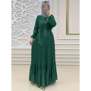 Stunning Polka Dot Maxi Dress - Elegant Crew Neck, Long Sleeve, Ruffle Hem, Keyhole Back, Modest, Polyester, Woven, Random Print, Middle East Style, All Seasons, Non-Sheer