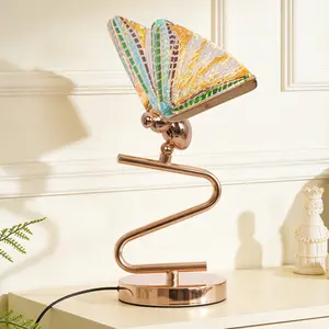 Tiffany Style Butterfly LED Table Lamp, 3-Color Changing Stained Glass Desk Lamp with Gold Metal Base for Bedroom Living Room Decor