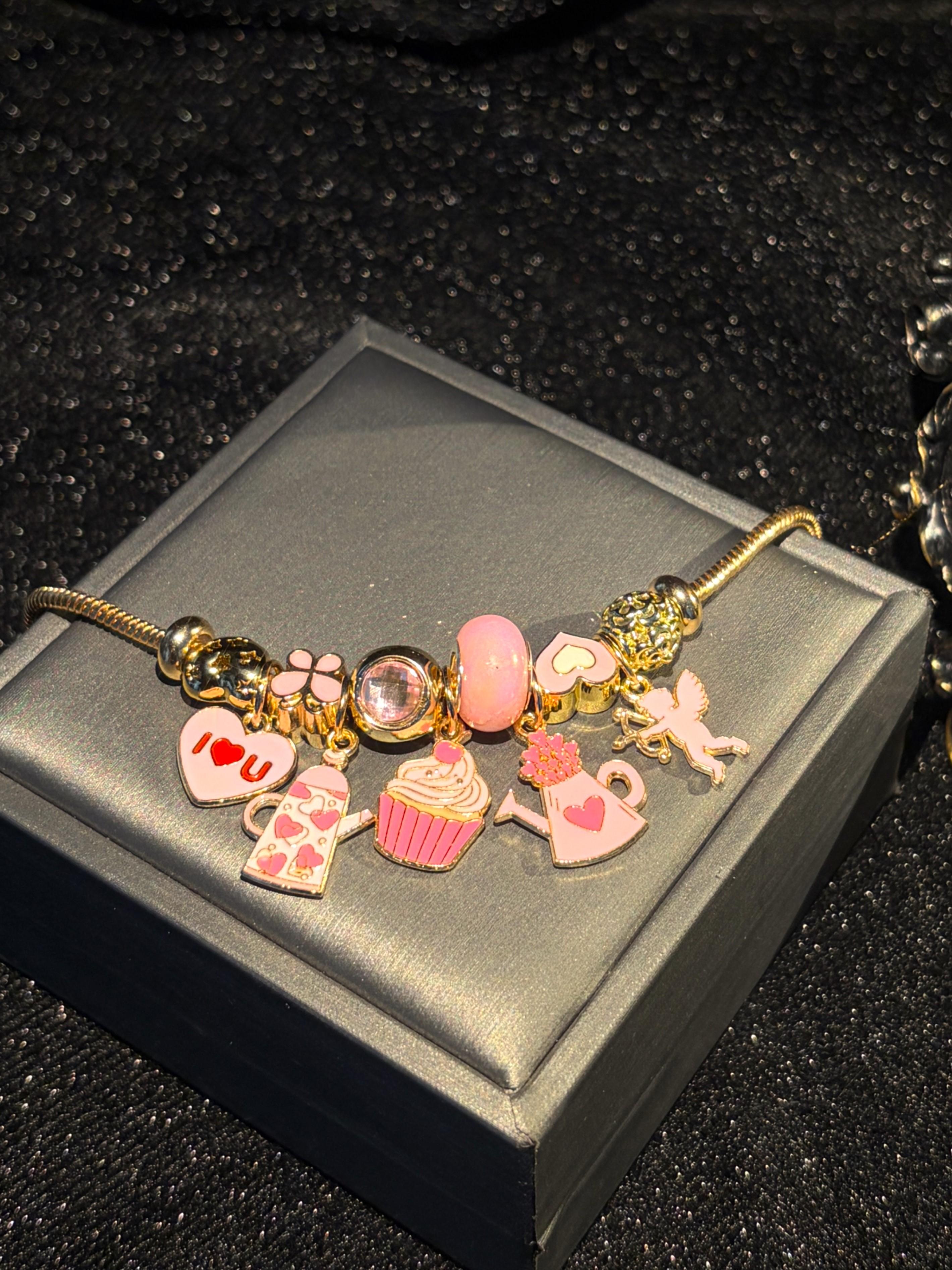 Women's Gold-Tone Charm Bracelet - Adjustable Costume Jewelry with Sweet Pink Cupcake, Teapot Beads & Romantic Heart Angel Pendant, Gift for Women Women's Gold-Tone Charm Bracelet - Adjustable Costume Jewelry with Sweet Pink Cupcake, Teapot Beads & Romantic Heart Angel Pendant, Gift for Women