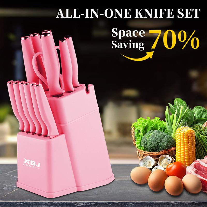 XBJ Knife Set with Knife Block, 15-Piece Rainbow Titanium Knife Block Set, Cooking Steak Knife Set with Black Handles.