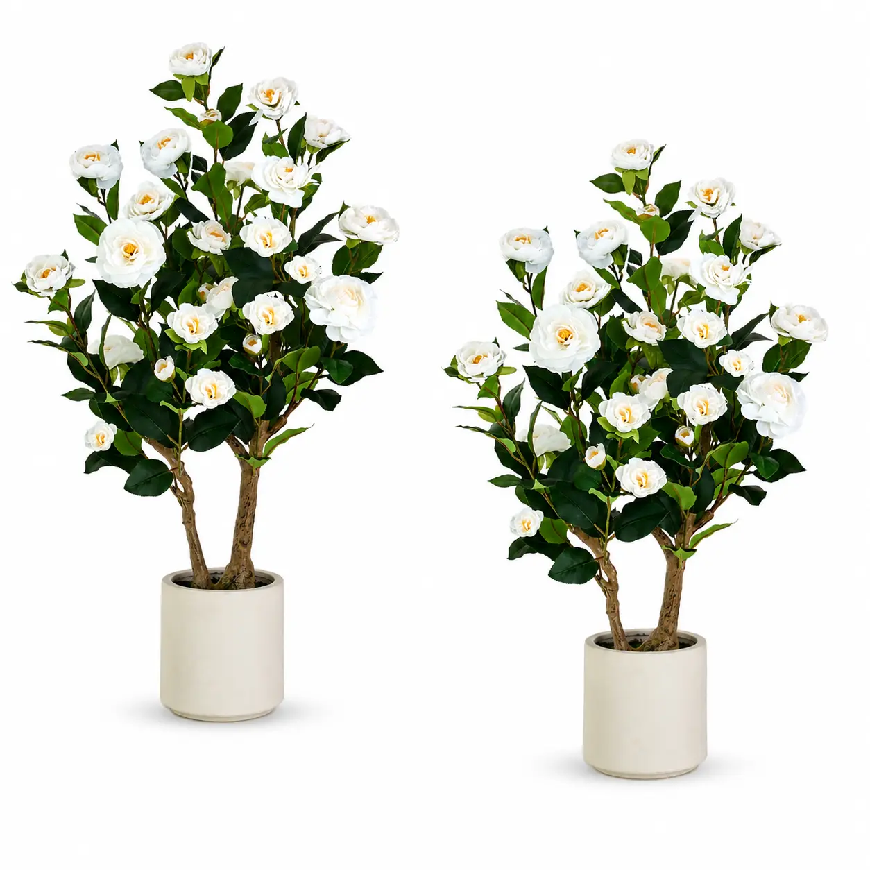 2 Pcs 39" Artificial Camellia Tree, Indoor & Outdoor Potted Faux Flower Tree, Fake Greenery Tree for Front Porch, Patio, Living Room Home Decor
