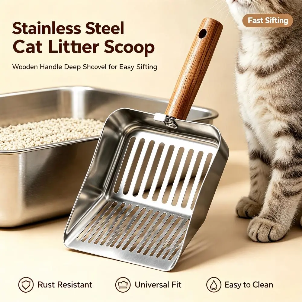 Cat Litter Scoop-Large Wooden Long Handle Stainless Steel Cat Litter Scoop, Heavy Duty Deep Shovel with Speed Sifter Mesh Filter, Sturdy Thick Metal Poop Shovel, Stain & Rust Resistant, Easy to Assemble, Easy Cleaning, Universal for All Cat Litter Boxes