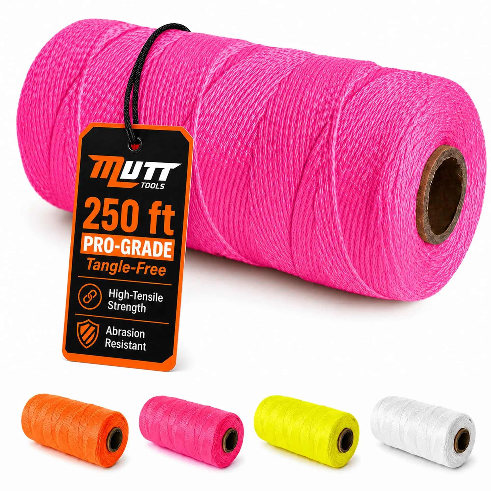 Mutt Tools Heavy Duty Braided Nylon Construction String Line - 250/500/1000 Ft - High Visibility Colors for Masonry, Landscaping & Surveying