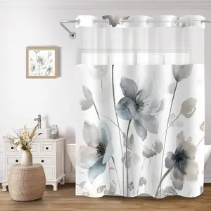 No Hook Shower Curtain and Liner Set, Blue and Grey Boho Floral Shower Curtains for Bathroom, Watercolor Flower Waterproof Bathroom Curtain Sets with Snap in Liner,