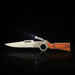 2 in 1 EDC Pocket Knife with Mini Flashlight, 5Cr13MoV Clip Point Blade Colored Wood, Multifunctional Outdoor Folding Knives for Camping Climbing