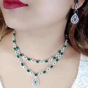 American Diamond Two Layer CZ Stone Silver Plated Necklace Set Premium Design Jewellery for Weddings & Formal Events