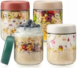 Overnight Oats Containers with Lids,16oz Glass Jars with Lids - Set Of 4, Practical Oatmeal Container to Go, Chia Seed Pudding Jars, Baby Food Containers, with Spoon and Marker, S4-16OZXGZ-4