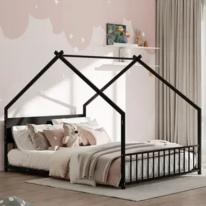 Full Size Floor Bed Frame with RGB LED Light, Full Size House Floor Bed with High Headboard and Footboard, Full Floor Bed with Slats, Full Size Floor Bed (Full Black)
