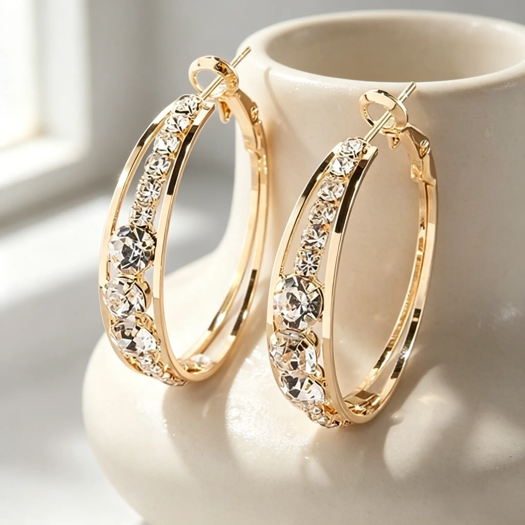 Thick Gold Plated Hoop Earrings for Women with Double-Row Pavé Cubic Zirconia, Statement Wedding Earrings for Bridal Parties, Gold Hoops Earrings