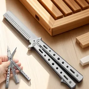 Foldable Stainless Steel Hairdressing Training Comb, Anti-Static & Tangle-Free Styling Comb, Portable Folding Design, Safe Rounded Edges, Non-Slip & Rust-Proof Durable Tool for Barber Training Kits, Wide Tooth Comb