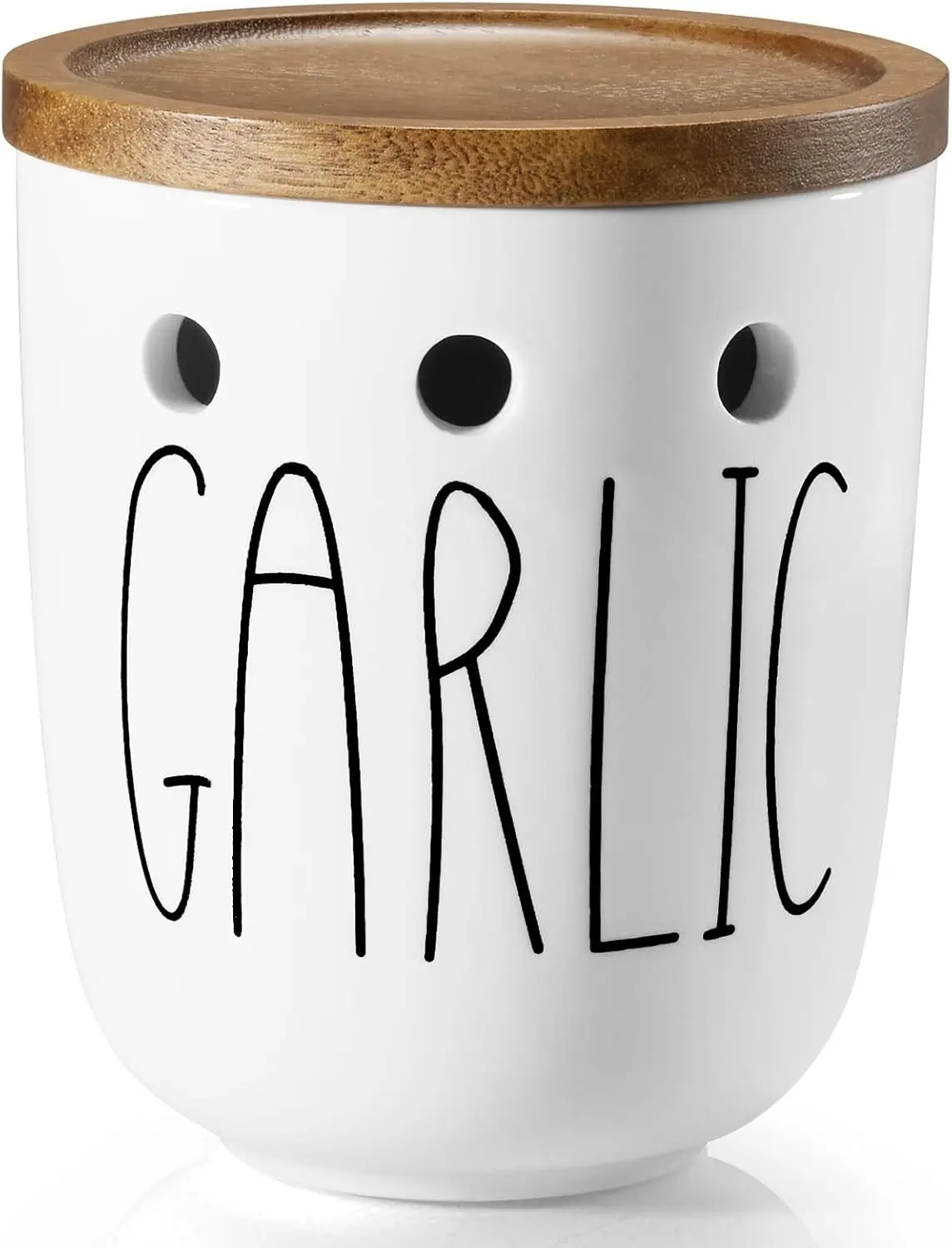 Ceramic Garlic Keeper for Counter, Garlic Holder with Acacia Wood Lid, Farmhouse Garlic Storage Container, Garlic Saver for Kitchen, White
