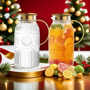 Vintage Glass Pitcher with Lid, 68 oz/ 2 Liter Vintage Water Pitcher,Glass Water Carafe for Cold Brew,party,family Coffee, Lemonade, Iced Tea,Beverage, Heat Resistant Jug Gallon Home Drinkware Classic