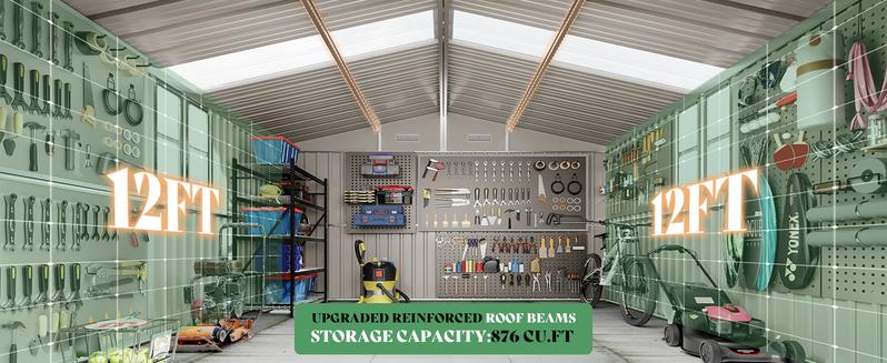 【Ships in 3 Boxes】AMERLIFE Galvanized Steel Storage Shed with 2 4-Pane Windows Hinged Double Doors, Outdoor Shed for Backyard, Garden, Patio, Dark Grey/White- Ships in 3/4 Boxes