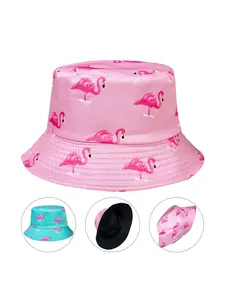 Cartoon flamingo printed fisherman hat, lightweight design, double-sided wear, foldable sun hat, unisex, suitable for all seasons as a fashionable accessory