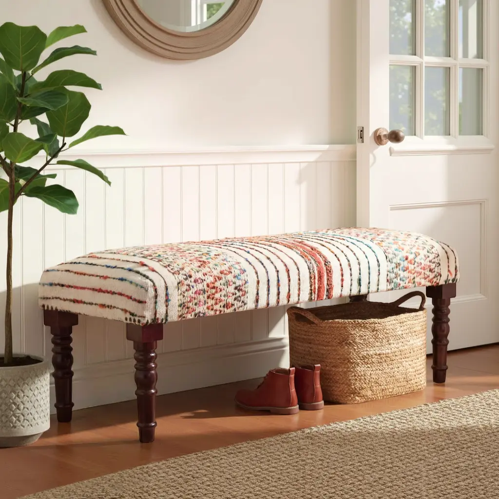 Colton Contemporary White/Multi Striped Cotton Upholstered Accent Bench