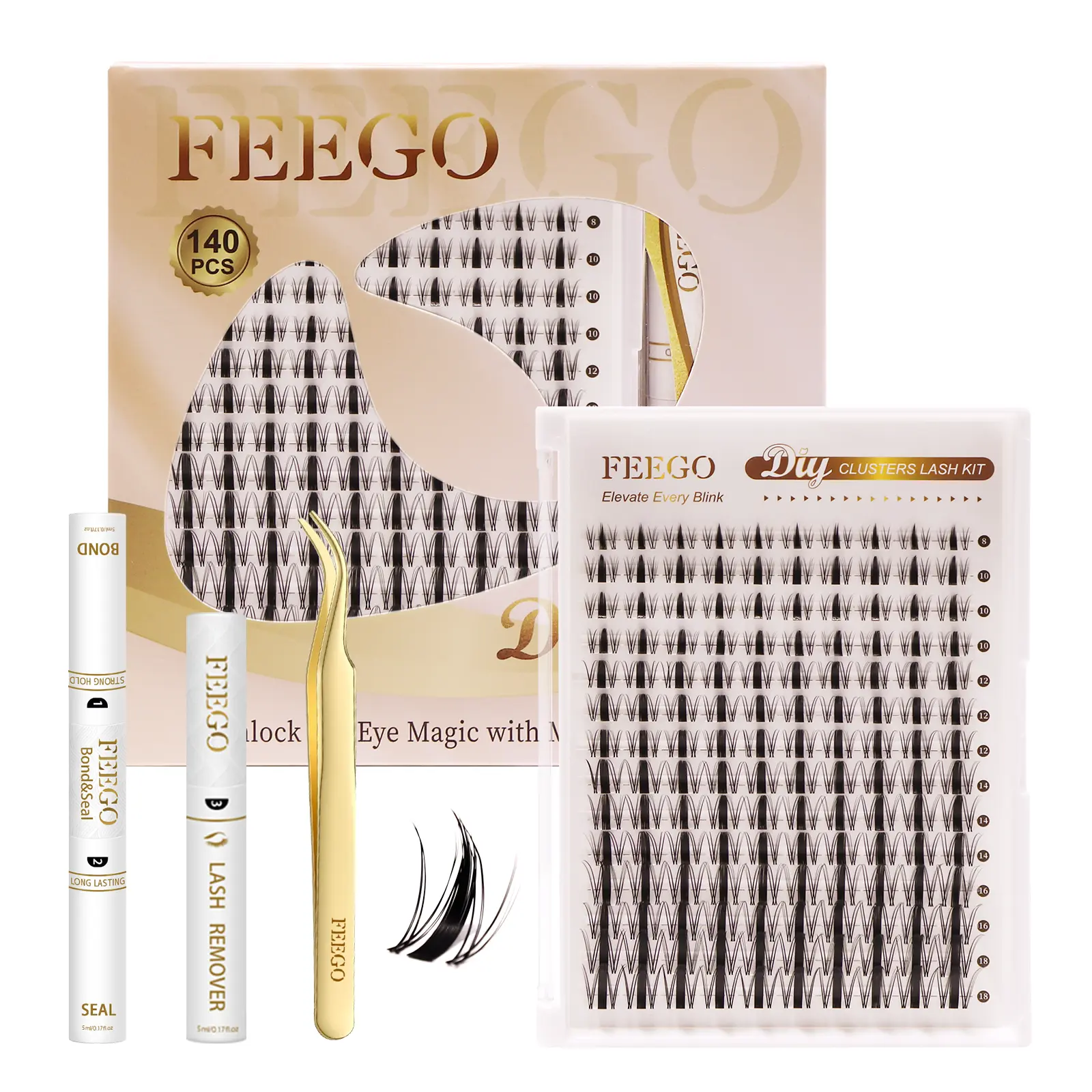 feego 140 Pcs DIY Eyelashes Extensions Kit with Waterproof Bond & Seal, Soft Wispy C Curl Lash Clusters with Invisible Band, 8-18mm Mixed Tray