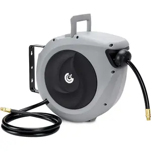 Air Hose Reel Retractable 3/8 in. x 50 ft Hybrid Polymer Hose, Retractable Auto-Rewind Enclosed Heavy Duty 180? Swivel Mount, Max 300PSI Commerical Polypropylene rey