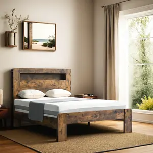 HOLDOLIFE Queen Size Corner Bed Frame, Smart Bed with LED Headboard, Rustic Furniture with USB Port & Shelves, Noise Free, Easy Assembly, Brown