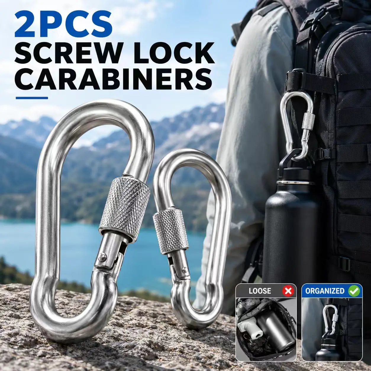 2-Pack 304 Stainless Steel Screw-Lock Carabiner Clips, Rust-Resistant Heavy-Duty Snap Hooks with Secure Twist Lock, Helps Reduce Accidental Opening for Backpacks, Keys, Camping Gear, Hammocks, Swings, Ropes & Everyday Utility