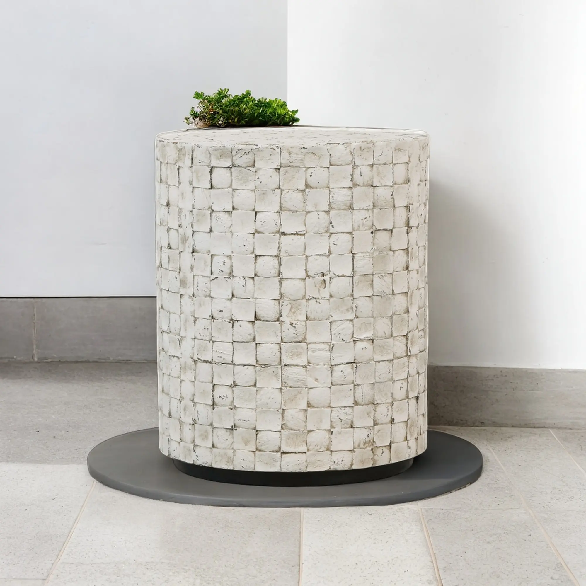 East at Main Round Side Table - Real Coconut Shell Mosaic Inlaid, Pre-Assembled, Natural Wood and Patina Finish (White)