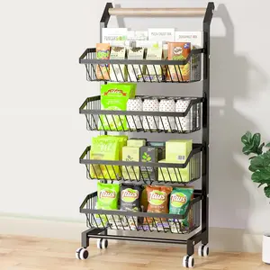 4-Tier Storage Cart with Wheels Rustproof Snack Cart Adjustable Vegetable Fruit Rack Rolling Pantry Utility Kitchen Cart with Solid Wood Handle, Detachable Fruit Baskets, 360°Movable